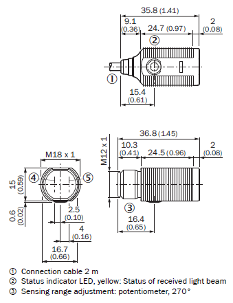Dimensional Drawing โฟโต้สวิตช์แบบทรงกระบอก รุ่น MH15